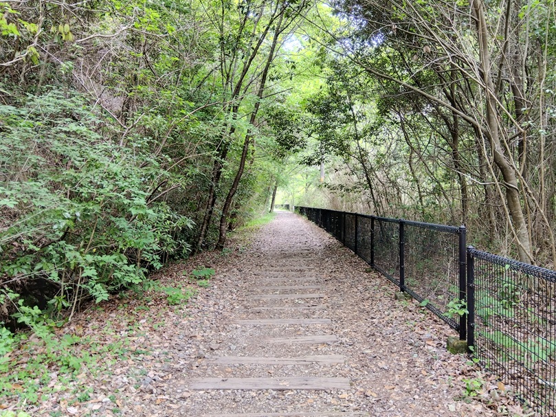 枕木がまっすぐに並んだJR福知山線の廃線跡の一本道